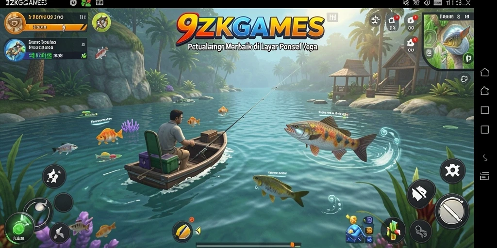 Screenshot gameplay 9ZKGAMES menampilkan momen menangkap ikan spektakuler.