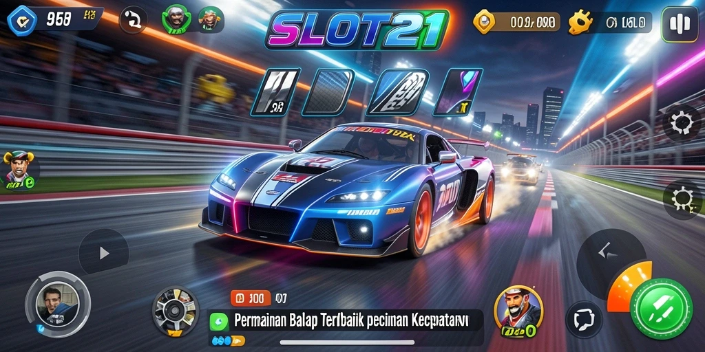 Screenshot menunjukkan aksi balapan mendebarkan di SLOT21.